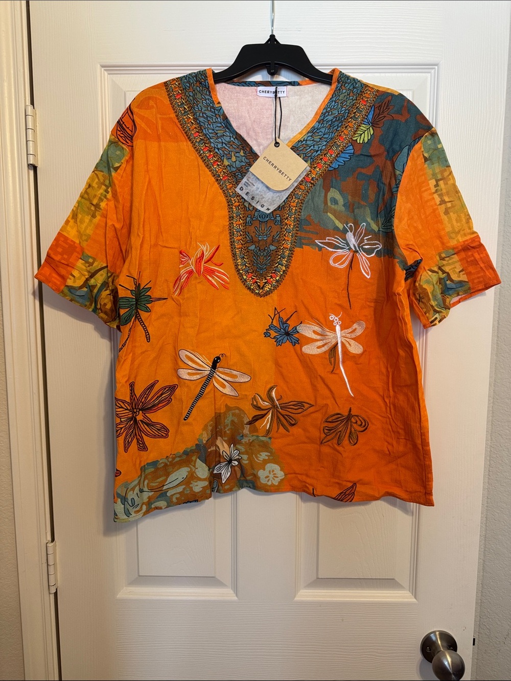 CHERRY BETTY Embroidered V-Neck Orange Dragonfly Tunic
